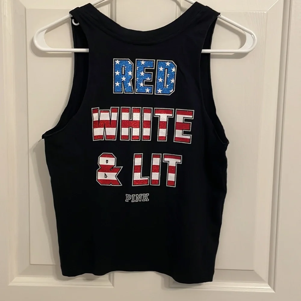 NWOT Victoria’s Secret PINK Muscle Tank Black "Red White & Lit" 100% cotton- XS - Picture 5 of 7